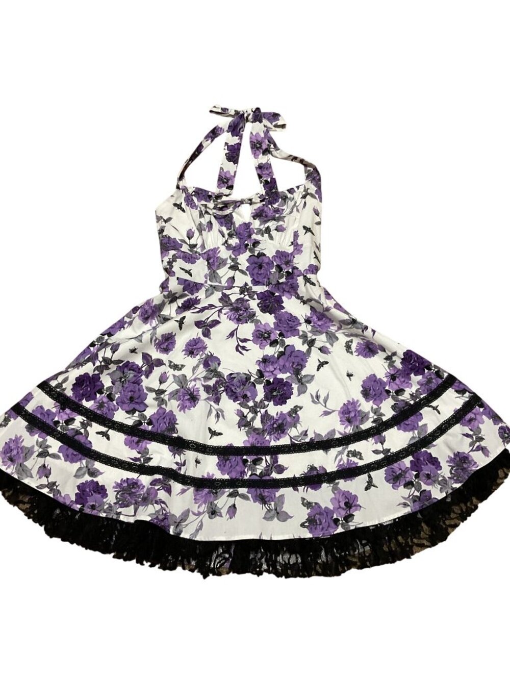 Hot Topic White & Purple Floral Insects Halter Dress Sz M Lined Lace Trim